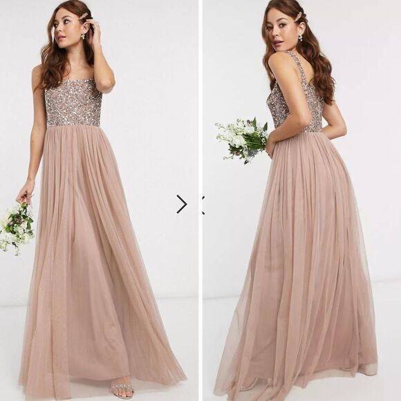 NEW Maya Bridesmaid sleeveless square neck maxi‎ tulle dress  in taupe blush,10 - Picture 1 of 16